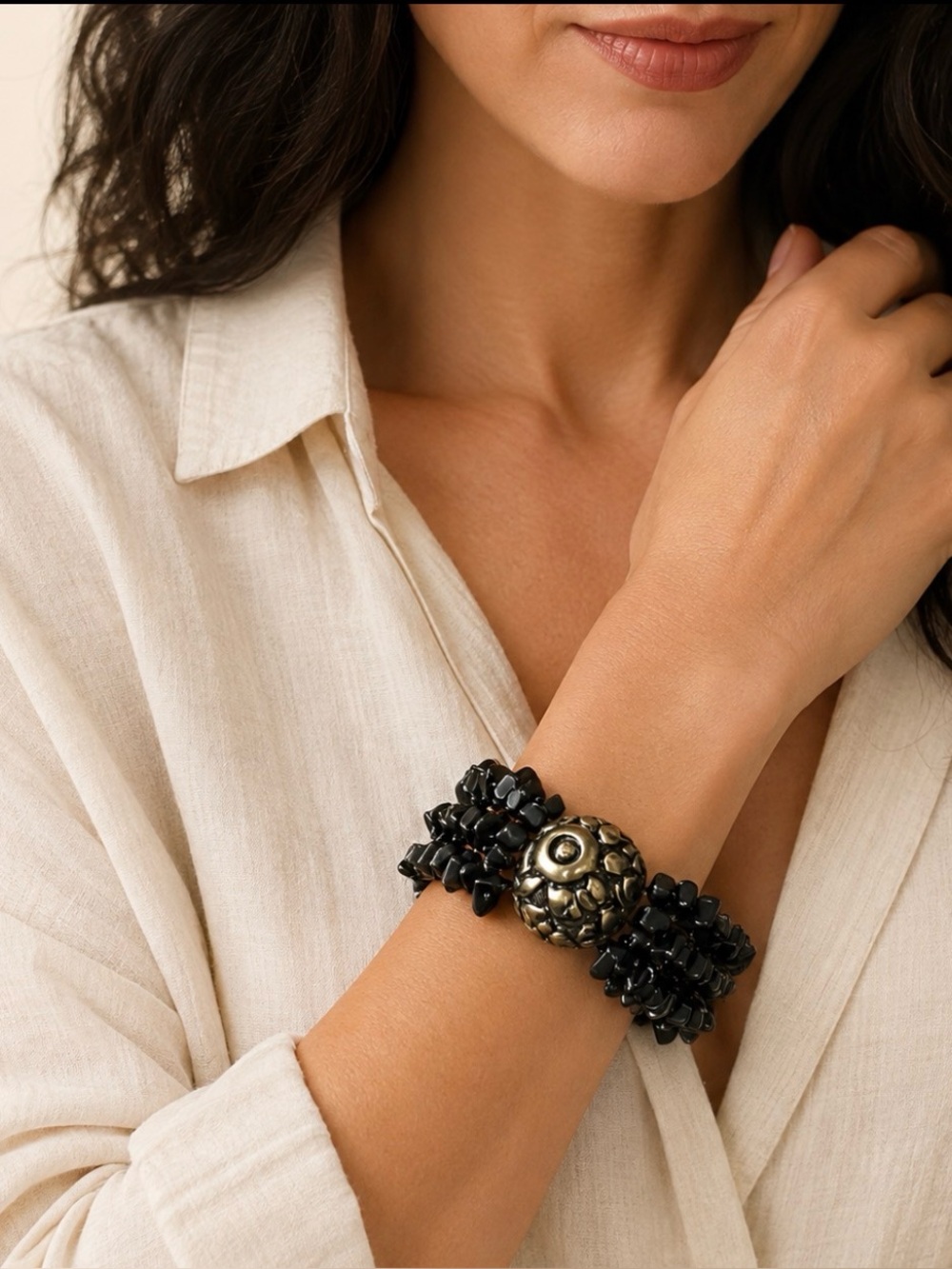 Vintage Black Onyx Chip Bracelet Engraved Floral Metal Bead Whimsy goth Chunky